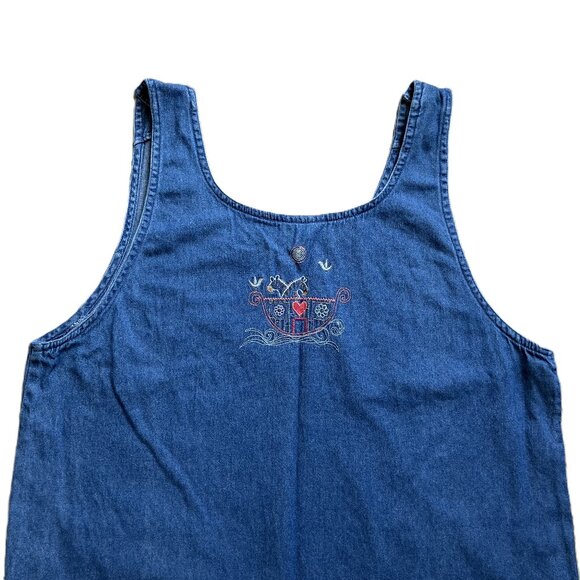 Denim Chambray Maxi Dress Jumper Noah's Ark Embroidery 90s Cotton Casual XL - Picture 4 of 8